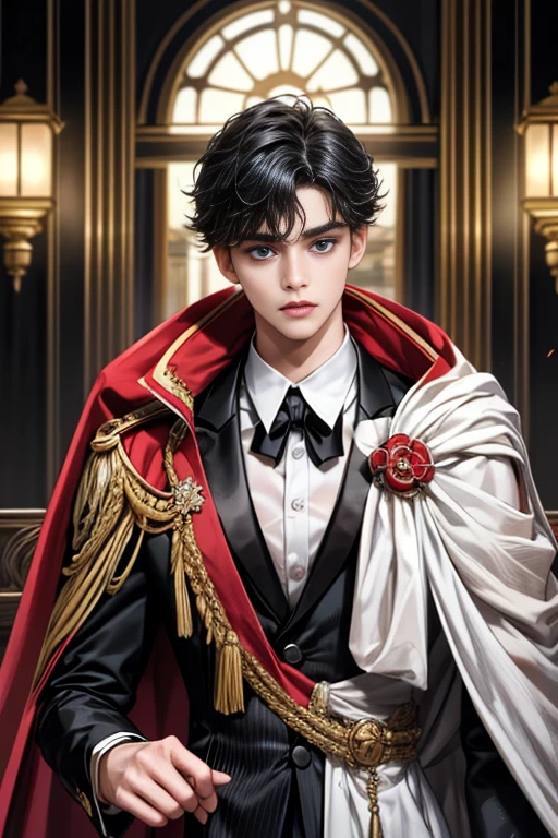 masterpiece, 最high quality, high quality, 1 boy, alone, Male focus, Upper Body,Watching the audience, Messy black hair, Adorable big blue eyes, White, Noble, Noble,A black and red cape that is bursting with sexy volume、Tuxedo、A very voluminous, large, very large, very large, long, long red and black cape with a high stand-up collar, made of a lot of fabric that reaches down to the floor., ,cute beautiful,Cute, cute, kind, handsome guy