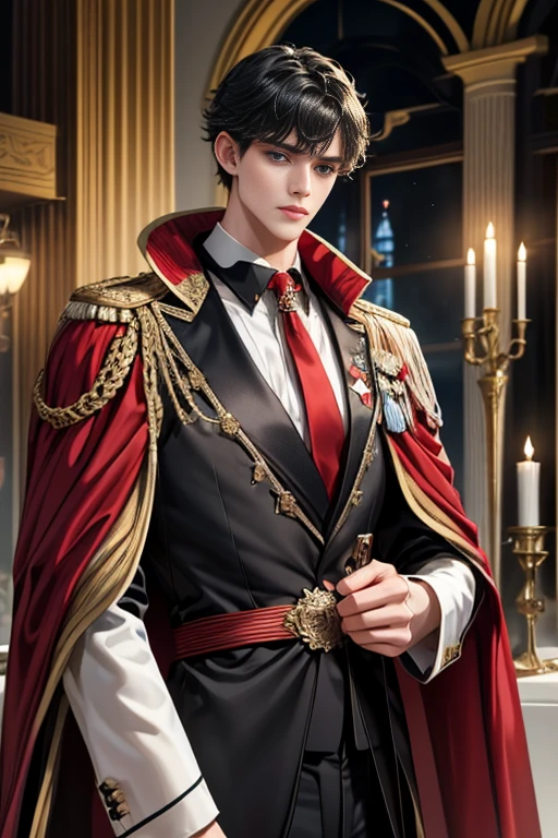 masterpiece, 最high quality, high quality, 1 boy, alone, Male focus, Upper Body,Watching the audience, Messy black hair, Adorable big blue eyes, White, Noble, Noble,A black and red cape that is bursting with sexy volume、Tuxedo、A very voluminous, large, very large, very large, long, long red and black cape with a high stand-up collar, made of a lot of fabric that reaches down to the floor., ,cute beautiful,Cute, cute, kind, handsome guy