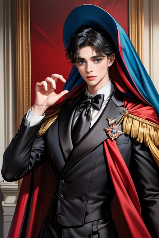 masterpiece, 最high quality, high quality, 1 boy, alone, Male focus, Upper Body,Watching the audience, Messy black hair, Adorable big blue eyes, White, Noble, Noble,A black and red cape that is bursting with sexy volume、Tuxedo、A very voluminous, large, very large, very large, long, long red and black cape with a high stand-up collar, made of a lot of fabric that reaches down to the floor., ,cute beautiful,Cute, cute, kind, handsome guy