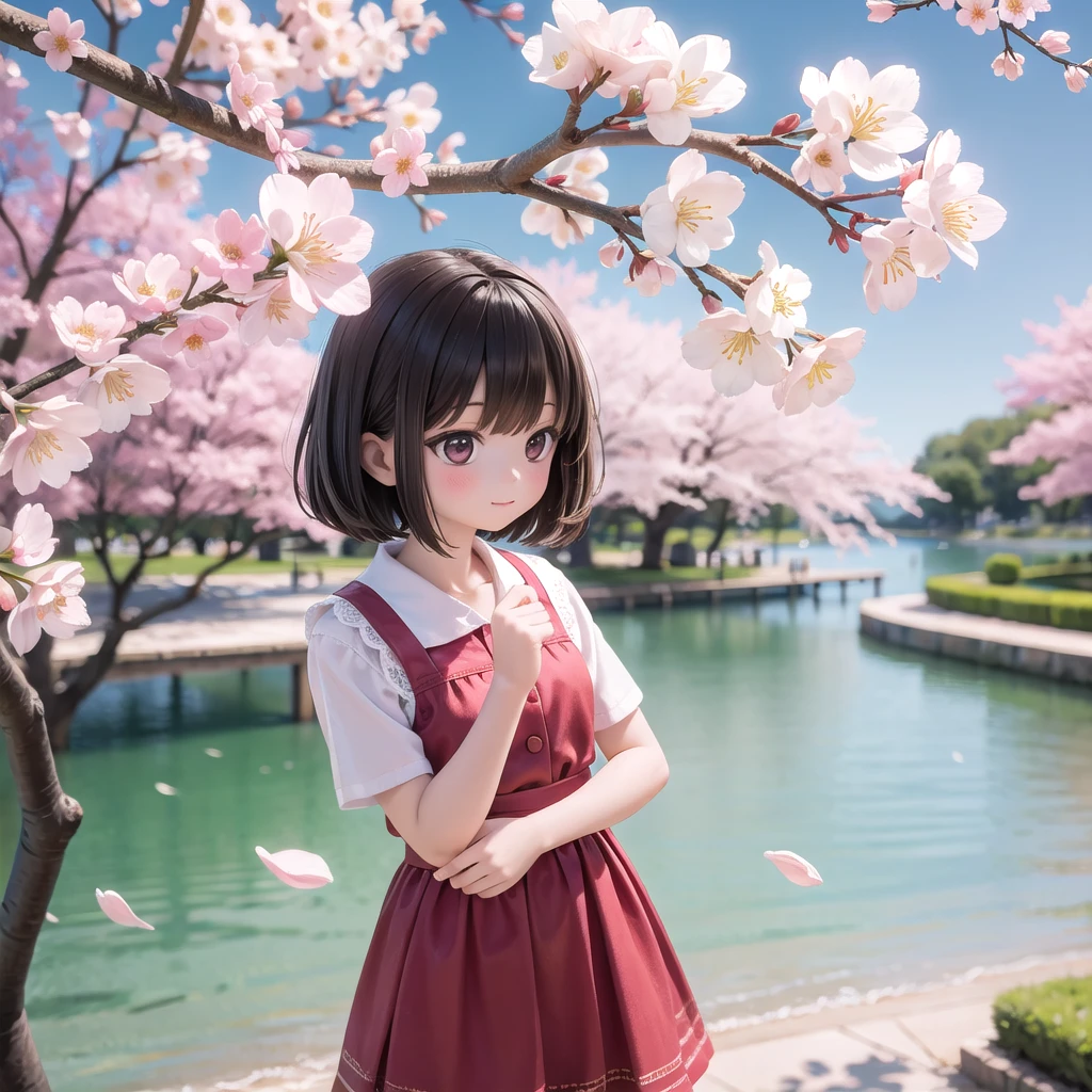 (masterpiece),  Outdoor,  cherry blossoms,  petal,  sunlight,  lake,  one person&#39;s,  blush,  smile,  Medium Hair,  Sailor suit,Long skirt, Overgrown, petal, plant、Skirt lining、White slip、nostalgic、pantyhose（gray）、You can see the sea in the distance, Crotch close-up