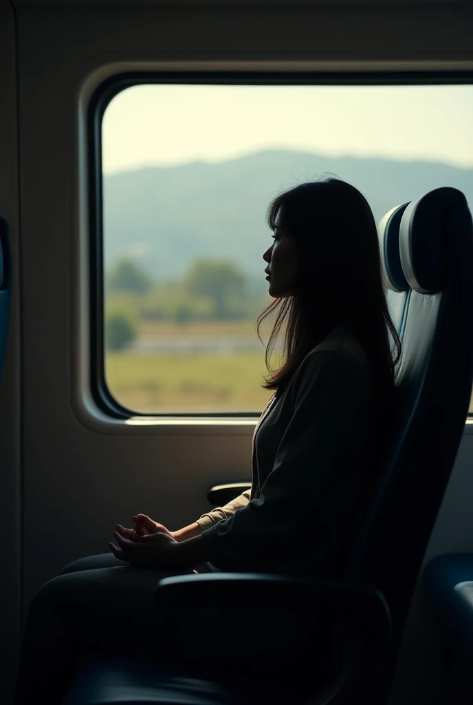 A landscape photo of a shadow of a woman in navel hair  sitting in a bullet train going to work .