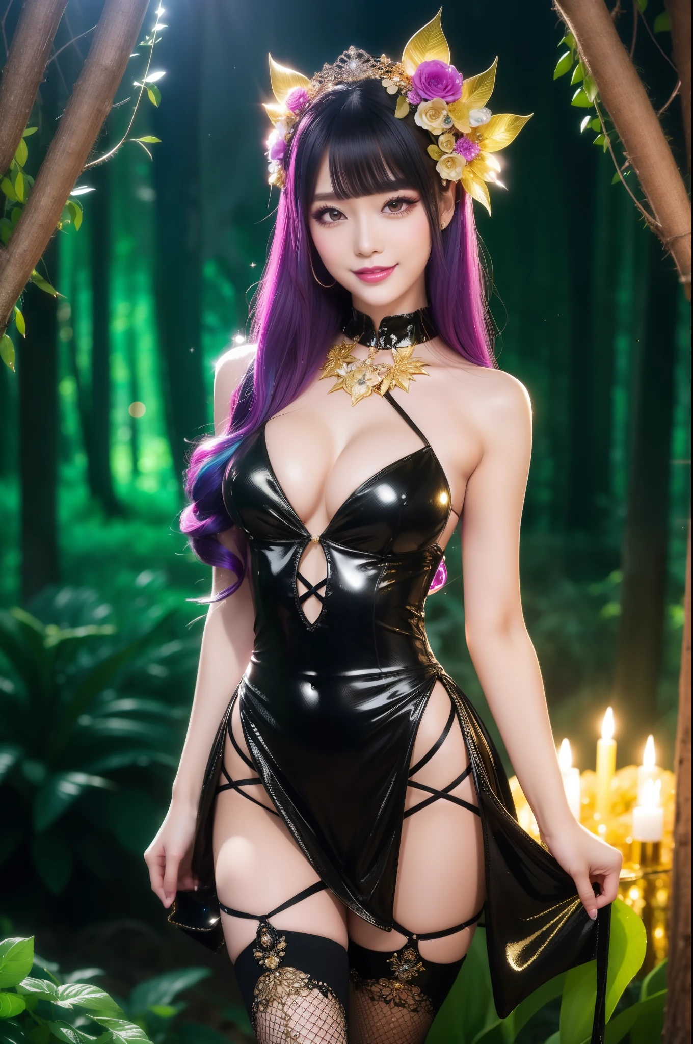 sexy golden princess who controls poison、beautiful smile、lipgloss、long lashes、intense makeup、look at the camera、full body Esbian、、sparkling poisoned flower costume、、、、shiny sparkling multicolor hair、secrete poison、skull hair accessories、fishnet tights、shiny sparkling dark magic forest background