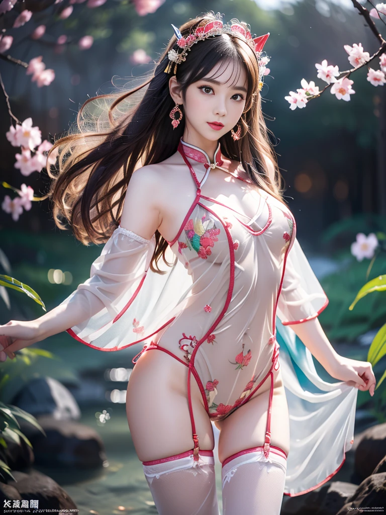 A female model, (Race:Chinese),((night, bamboo forest, moonlight, Thick fog)), (8K Ultra HD, 8K, Ultra-high resolution, best quality, masterpiece, Surrealism, Digital SLR Camera, Soft Light, Bokeh, Masterpieces), ((((Beautiful model-like face))), (Creating the image of a real girl), warm light, Realistic shadows, Dynamic poses, Elegant Posture, Cowboy lens, Full body front view, Be confident, Body facing the camera, Standing facing the camera, Open your legs slightly, Golden Ratio Graphics, Minimalism), (Happy smile, Big watery eyes, Cherry Blossom, Balanced Eyes, Perfect beautiful face, Normal facial features, Realistic skin, Attention to skin details, Skin is clean and radiant, Whitening, Anatomically correct body, 沙漏型figure, figure, cosmetic, Gloves, earrings, bracelet, necklace, Jewelry, veil, Hair accessories, Headdress, shawl), ((beautiful hair), Reddish-brown hair, Wavy curly hairstyle, Waist-length hair, Messy Hairstyle, Gradient hairstyles, Cyberpunk hairstyle), ((Transparent clothes：1.5), (Color of clothes: Pink orange background), Transparent Clothes, See-through clothes, Transparent Clothes, Tulle clothes, Mesh clothes, Transparent sci-fi clothes, Shiny micro bikini bra, (Clothes that accentuate your bust shape)), (Sexy的, Perfect breast shape, Teardrop chest shape, Snow-white breasts, very detailed breasts, 36C cups), (Super high waist, Deep V, Low-cut, Sexy, Flattering, Open crotch, (Camel toe, High fork strangulation)), (sock, Knee socks, 吊garter, Leg ring, garter, 腿部garter), (style:Sexy,Mature), (Wet body:1.0) , (Wet clothes:1.0) 