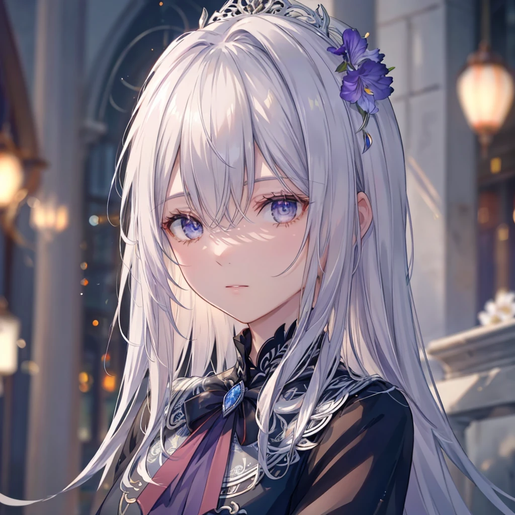 High definition RAW color art, Animation,sculptures, silver marble skin, (((Ultra detailed elegant))), Magical atmosphere, (Detailed skin, Texture (Intricately detailed, Fine detail, ultra-detailliert), red moonlight, depth of fields, Bokeh, silky touch, beautiful eyes, (Background of factory lined with パイプ), hyper detail, mat drawing,iris flowers,iris,shiny,