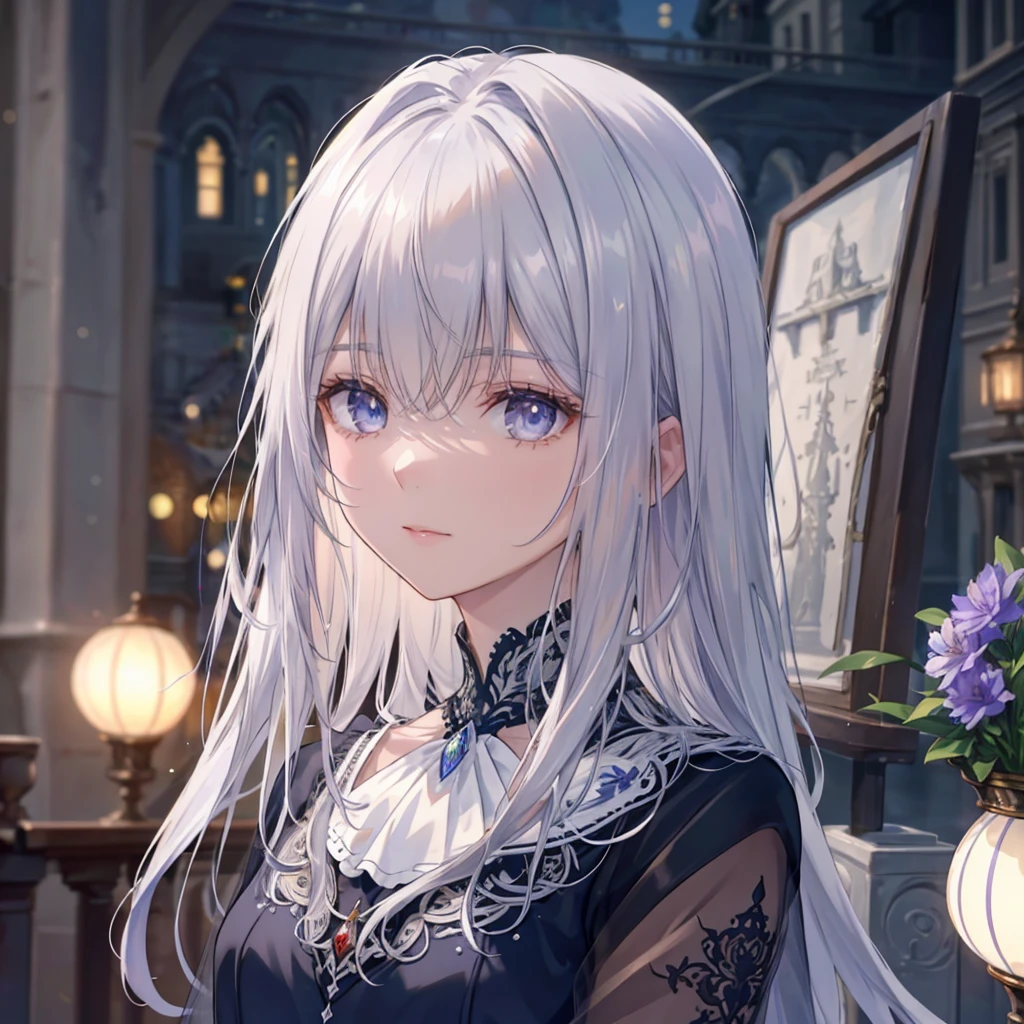 High definition RAW color art, Animation,sculptures, silver marble skin, (((Ultra detailed elegant))), Magical atmosphere, (Detailed skin, Texture (Intricately detailed, Fine detail, ultra-detailliert), red moonlight, depth of fields, Bokeh, silky touch, beautiful eyes, (Background of factory lined with パイプ), hyper detail, mat drawing,iris flowers,iris,shiny,