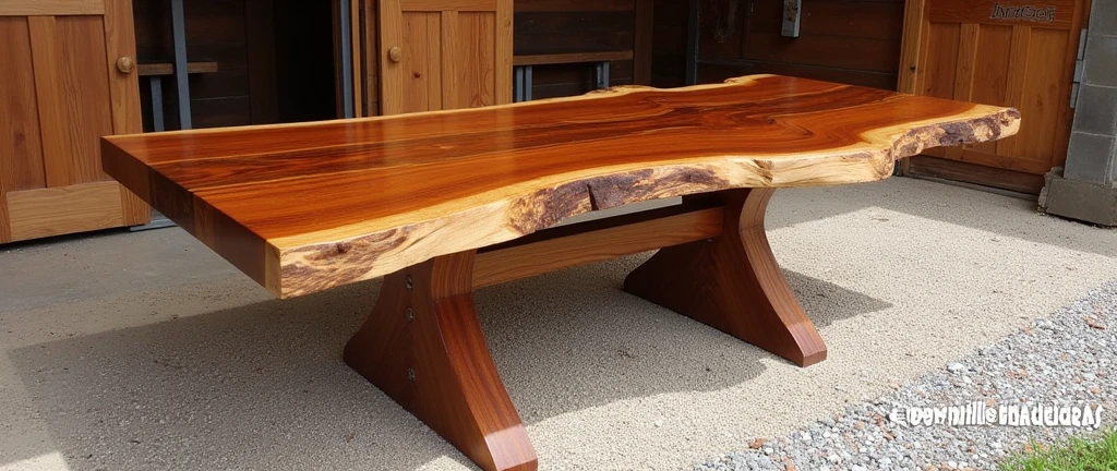 The picture shows a beautiful table made of wood, with a high gloss finish that highlights the natural texture and grain of the wood. The table surface displays a rustic and organic pattern with tones ranging from dark to light browns., almost golden, which highlights the natural beauty of the material.
The table appears to be made from a single piece of wood., preserving the natural edge of the tree, which gives a handmade and exclusive touch to the furniture. The base of the table is formed by crossed legs, also made of wood, with visible metal screws that guarantee the robustness of the structure.
The environment around the table includes a wooden structure in the background, which appears to be part of a sawmill or carpentry workshop, with doors and walls made of wooden planks. The ground is covered with a layer of small, irregular stones. The light falling on the table highlights the shine of the finish, showing the care taken in making the piece.
Furthermore, there is a watermark on the image with the text "@sawmillparaisomadeiras", which may be related to the name of the sawmill or the craftsman responsible for creating the piece.