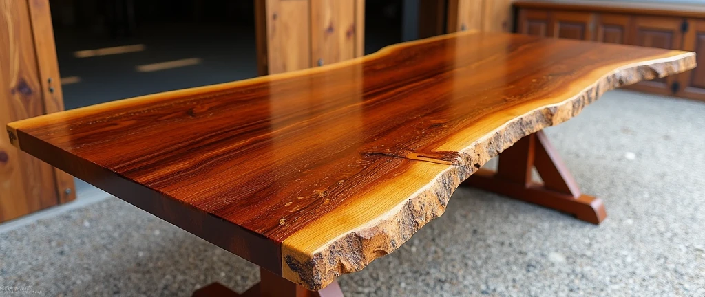 The picture shows a beautiful table made of wood, with a high gloss finish that highlights the natural texture and grain of the wood. The table surface displays a rustic and organic pattern with tones ranging from dark to light browns., almost golden, which highlights the natural beauty of the material.

The table appears to be made from a single piece of wood., preserving the natural edge of the tree, which gives a handmade and exclusive touch to the furniture. The base of the table is formed by crossed legs, also made of wood, with visible metal screws that guarantee the robustness of the structure. 

The environment around the table includes a wooden structure in the background, which appears to be part of a sawmill or carpentry workshop, with doors and walls made of wooden planks. The ground is covered with a layer of small, irregular stones. The light falling on the table highlights the shine of the finish, showing the care taken in making the piece.

Furthermore, there is a watermark on the image with the text "@sawmillparaisomadeiras", which may be related to the name of the sawmill or the craftsman responsible for creating the piece.