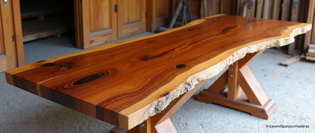 The picture shows a beautiful table made of wood, with a high gloss finish that highlights the natural texture and grain of the wood. The table surface displays a rustic and organic pattern with tones ranging from dark to light browns., almost golden, which highlights the natural beauty of the material.
The table appears to be made from a single piece of wood., preserving the natural edge of the tree, which gives a handmade and exclusive touch to the furniture. The base of the table is formed by crossed legs, also made of wood, with visible metal screws that guarantee the robustness of the structure.
The environment around the table includes a wooden structure in the background, which appears to be part of a sawmill or carpentry workshop, with doors and walls made of wooden planks. The ground is covered with a layer of small, irregular stones. The light falling on the table highlights the shine of the finish, showing the care taken in making the piece.
Furthermore, there is a watermark on the image with the text "@sawmillparaisomadeiras", which may be related to the name of the sawmill or the craftsman responsible for creating the piece.