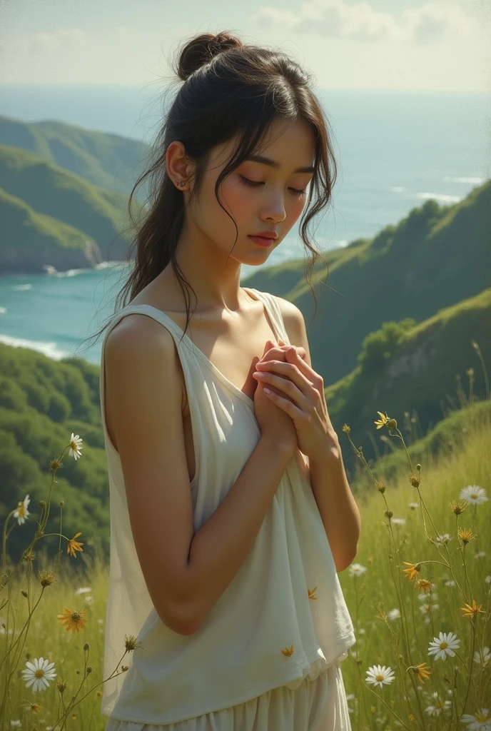 Beauty、valley、Shyness、chest、Empty-handed、Hands to the Cross、smile、Wet、Ocean