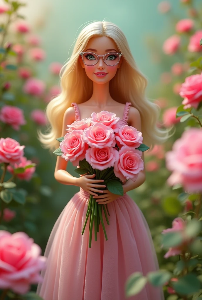 A barbie girls holding a bunch of roses, in a flower garden, wearing a pink frock, with eye glass