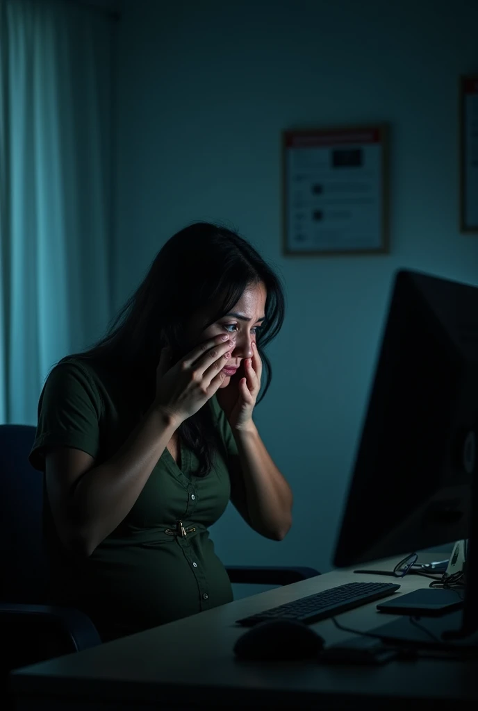 Pregnant woman in front of computer crying, life not seen