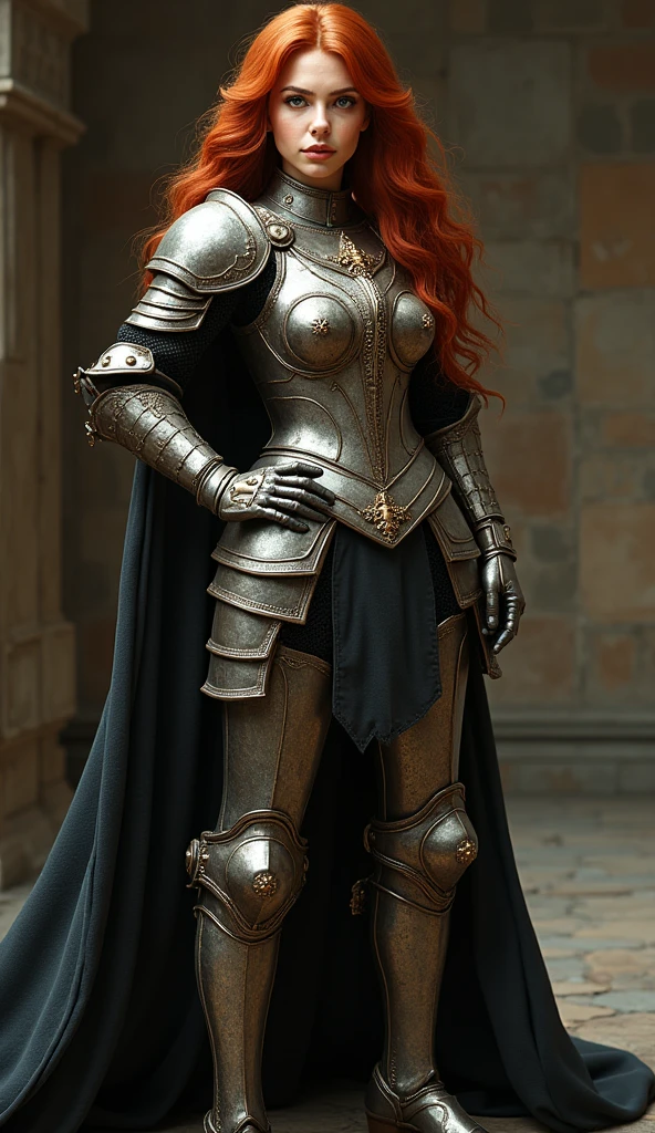 (absurderes, high resolution, ultra detaild), a beautiful adult woman, with finely detailed eyes, long red hair, and amber eyes. She is wearing worn iron armor that looks old., but with a sexy design that highlights your feminine curves. showing the whole body, the armor is shaped to accentuate your figure. She is standing, with a confident pose and a hand on the waist, exuding strength and elegance.