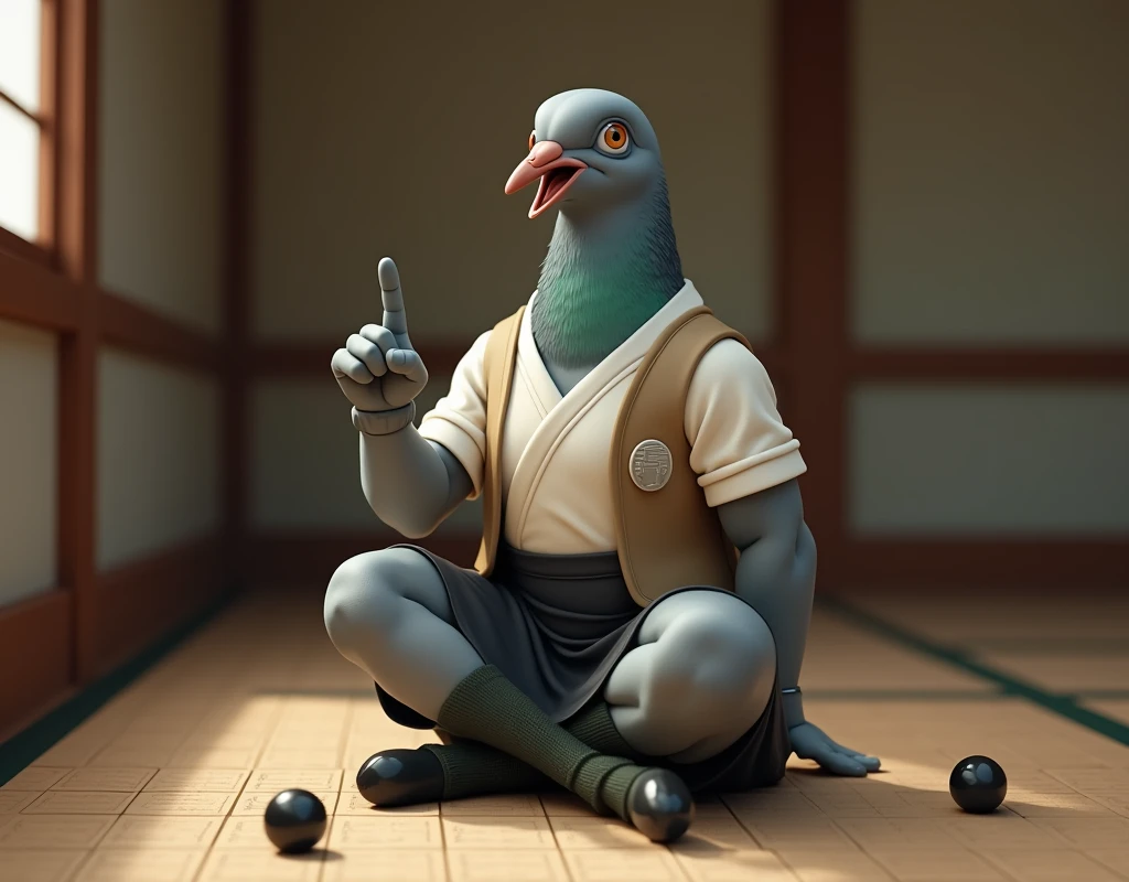 A gray female pigeon with her beak wide open is wearing an off-white collared short-sleeved shirt, a light brown vest, a knee-length black skirt, dark green socks and black shoes.、He is sitting upright in a Japanese-style room, playing Go and pointing his finger at me.、Muscular grey female pigeon、Photorealistic images、Still photography、Portrait