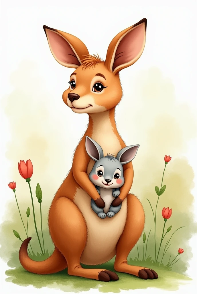 Mother kangaroo with her baby in her pouch, cute watercolor cartoon