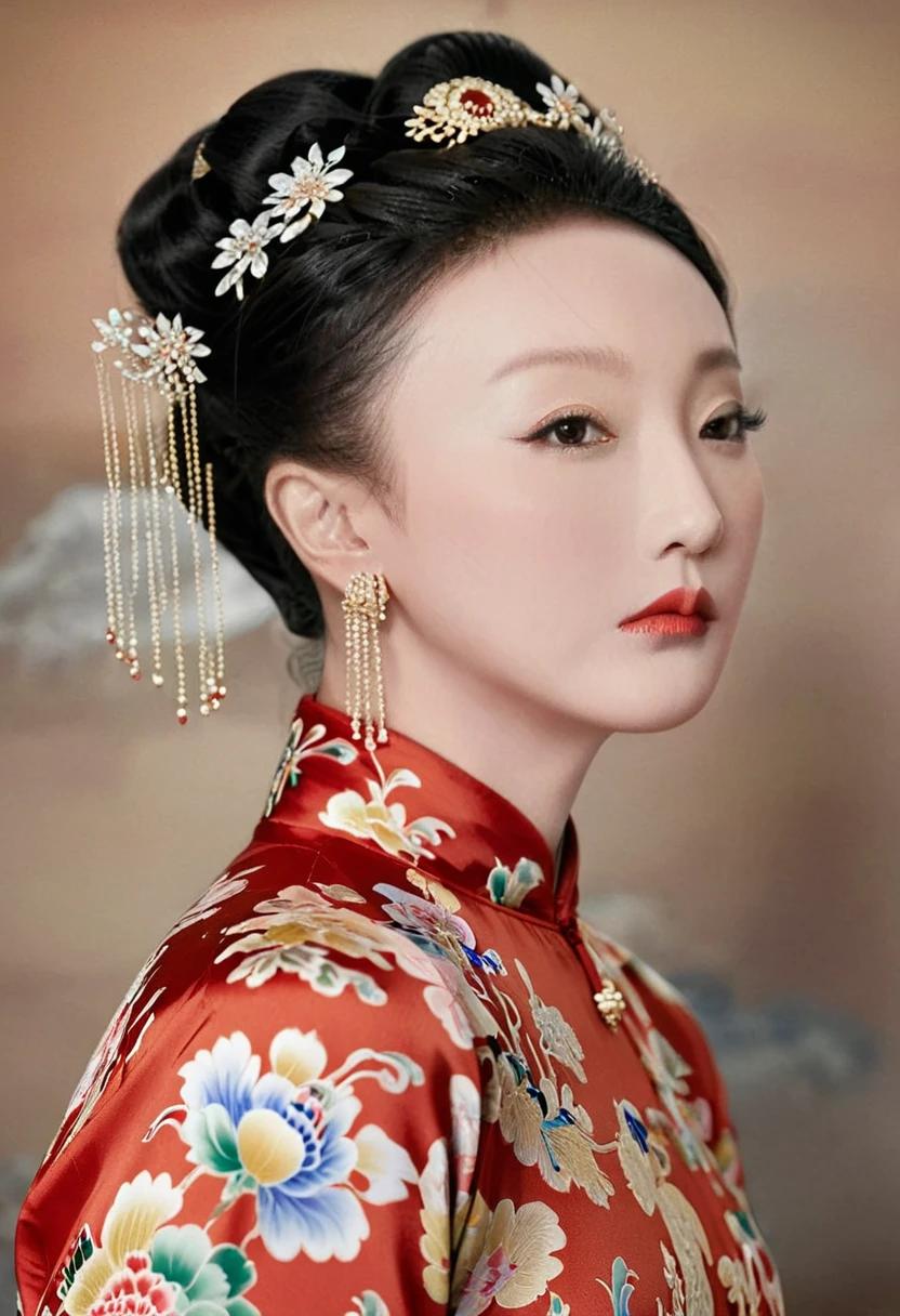The empress dowager of the Qing Dynasty wears a red floral dress, Completely naked, Her profile is displayed、The butt is sticking out, Posing in the opulent palace of the Qing Dynasty Empress Dowager.