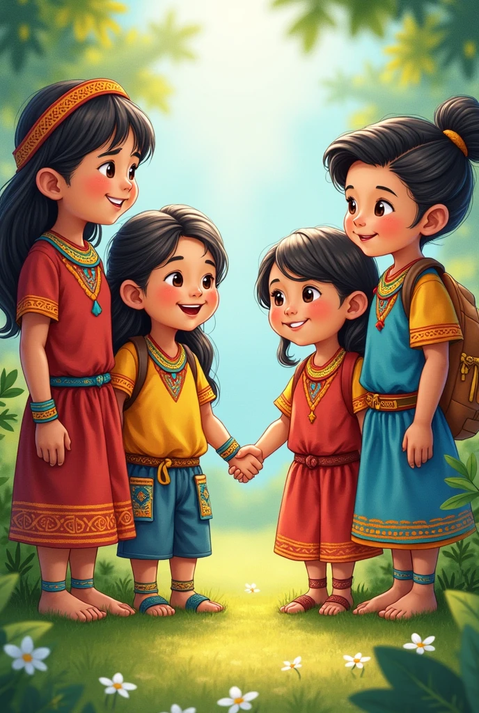 illustration, Bolivian indigenous children aged 10, holding hands with 10 white children 