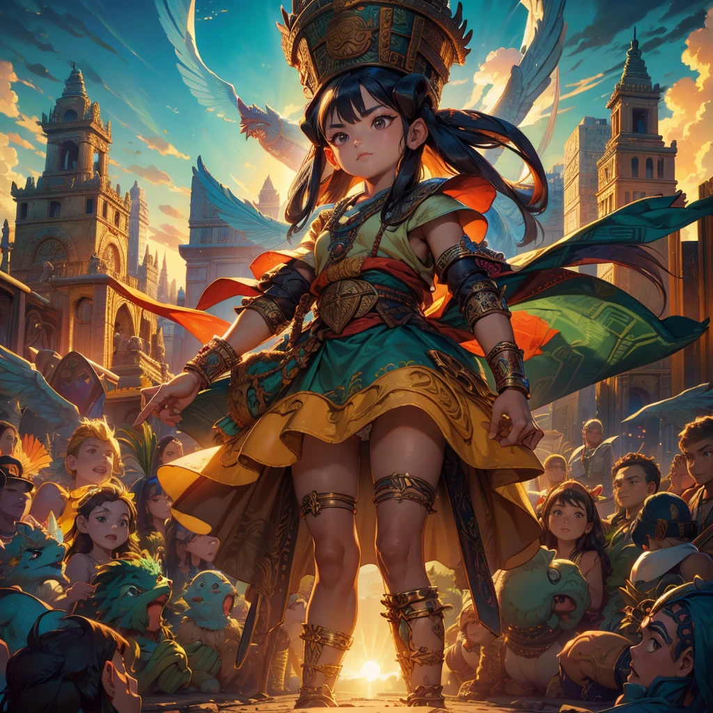 Childish, high quality、Very detailed、8Year、Mayan Aztec young priestess、Flying Feathered Serpent(Quetzalcoatl Kukulkan)look up at the sky and pray、Chichen Itza Forest Temple of the Sun、mysterious、