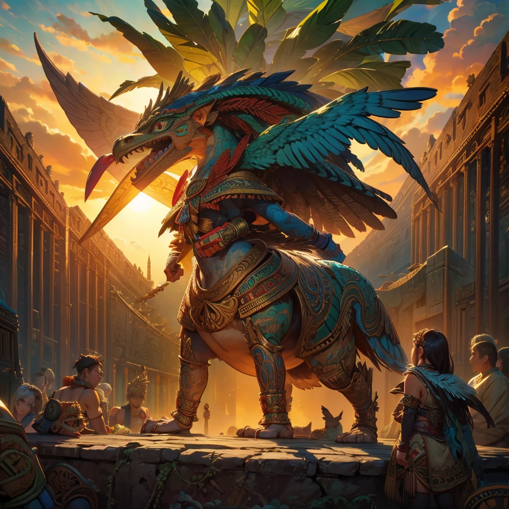 Childish, high quality、Very detailed、8Year、Mayan Aztec young priestess、Flying Feathered Serpent(Quetzalcoatl Kukulkan)look up at the sky and pray、Chichen Itza Forest Temple of the Sun、mysterious、