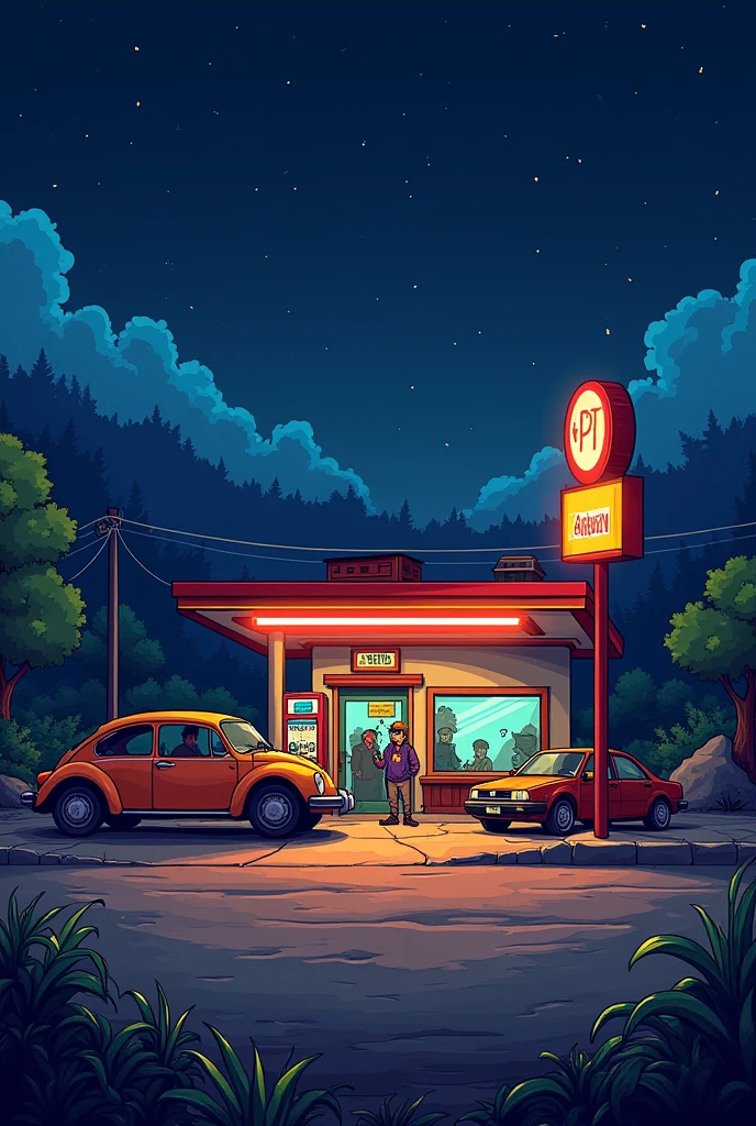 Give me a 2d image in terraria style, from a gas station, with a few cars and at night, moderately lively.