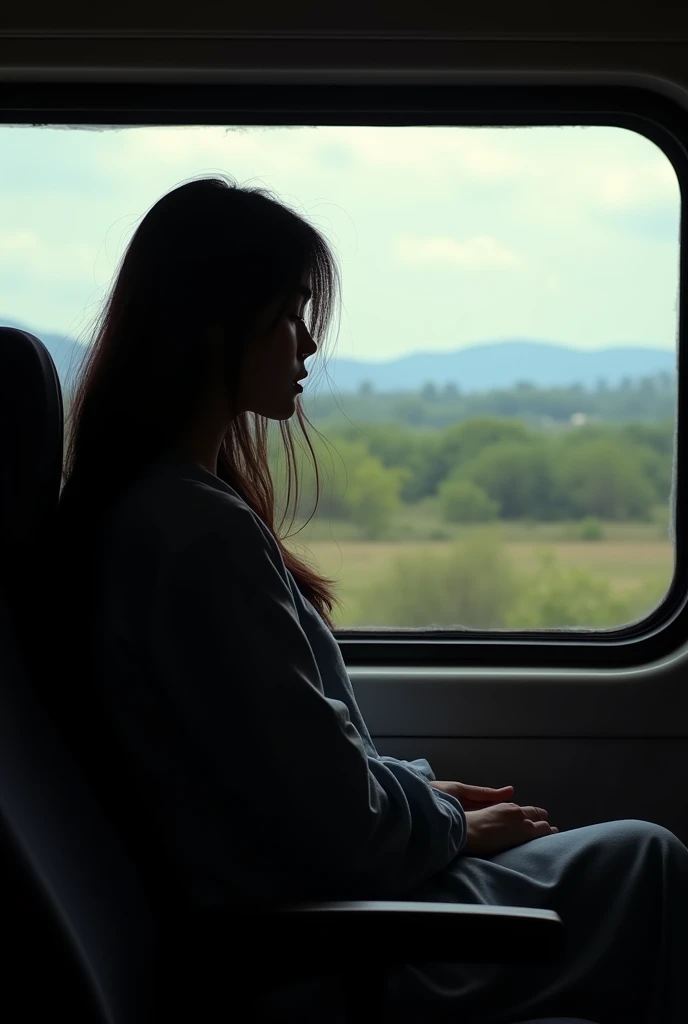 A landscape photo of a shadow of a woman in navel hair sitting in a bullet train going to work .
