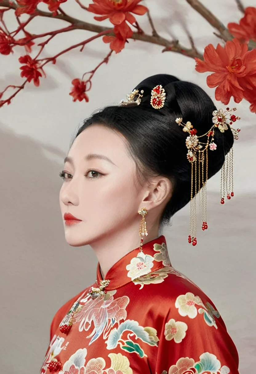 The empress dowager of the Qing Dynasty wears a red floral dress, Completely naked, Her profile is displayed、The butt is sticking out, Posing in the opulent palace of the Qing Dynasty Empress Dowager.