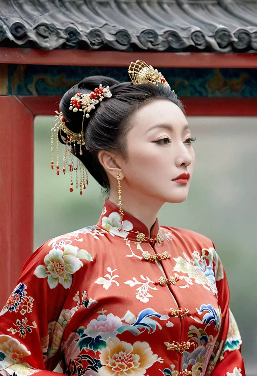 The empress dowager of the Qing Dynasty wears a red floral dress, Completely naked, Her profile is displayed、The butt is sticking out, Posing in the opulent palace of the Qing Dynasty Empress Dowager.