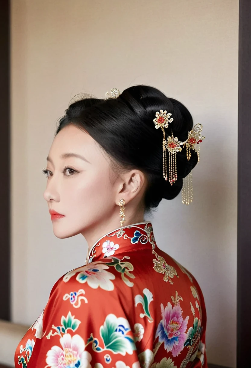 The empress dowager of the Qing Dynasty wears a red floral dress, Completely naked, Her profile is displayed、The butt is sticking out, Posing in the opulent palace of the Qing Dynasty Empress Dowager.