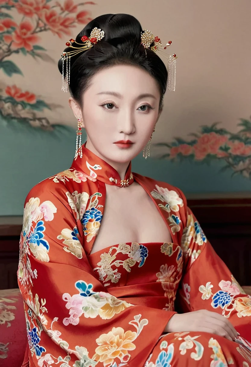 The empress dowager of the Qing Dynasty wears a red floral dress, Completely naked, Her profile is displayed、The butt is sticking out, Posing in the opulent palace of the Qing Dynasty Empress Dowager.