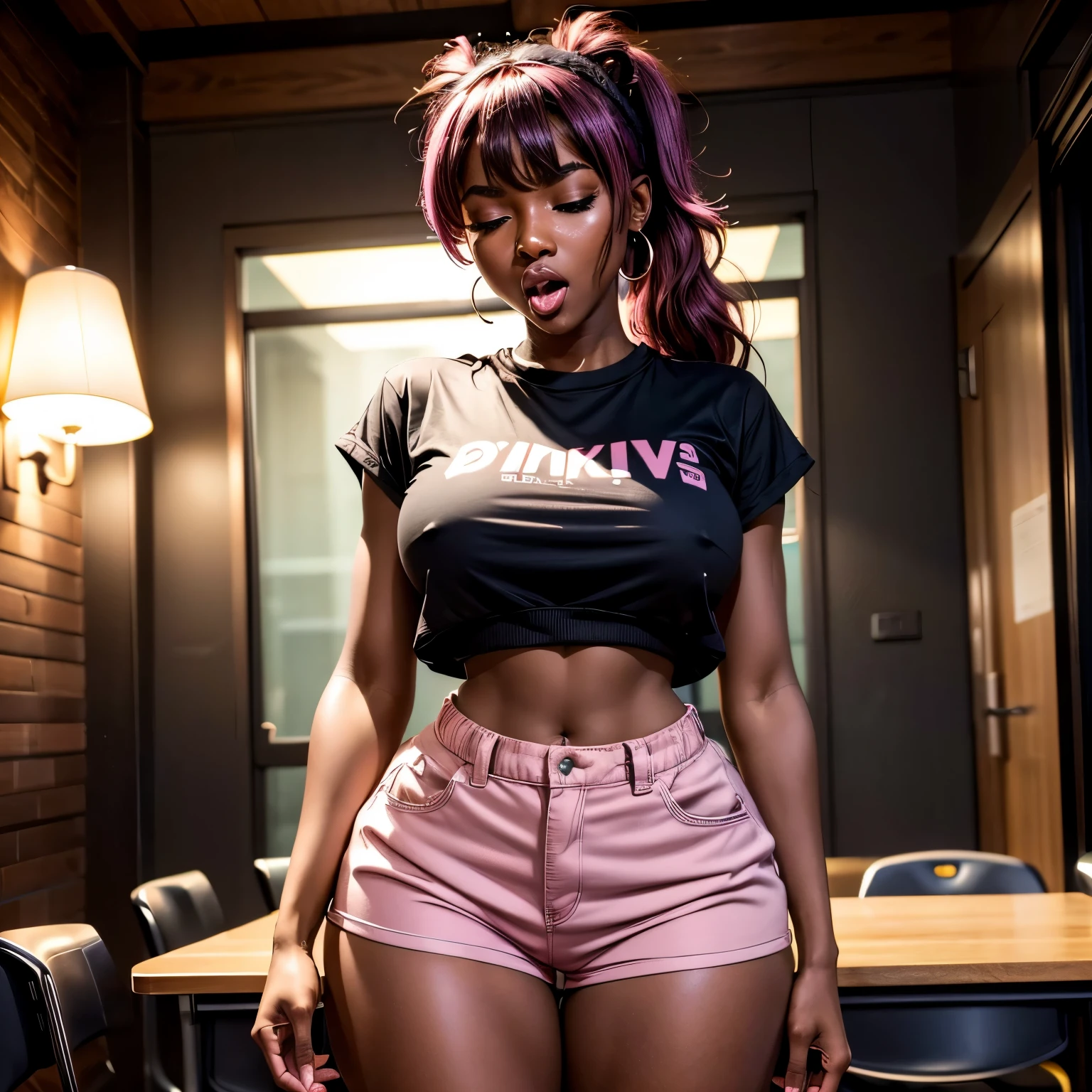 high quality, ebony girl, high resolution, volumetric lighting, 8k, beautiful woman, (dark skin), college student, 's uniform, (big-ass), breasts big, (pink tub top shirt), (cotton shorts:1.2), Wavy hair, pony tail, bangs, headband, hoop earnings, class room, pose sexy, seductively pose, cowboy shot, ((slim thick body:1.1), open mouth, big lips, screaming, orgasm, night time, eyes closed,