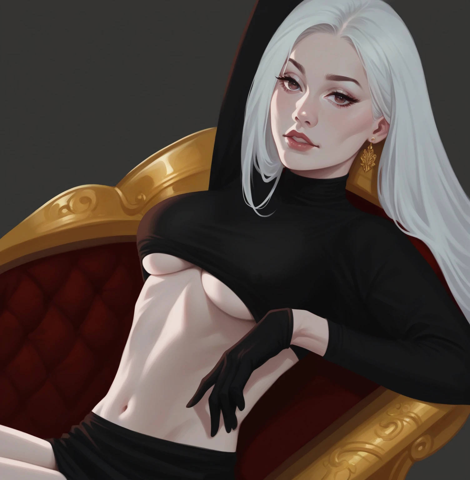 High resolution, anatomically correct, The best quality, high quality, Long hair, big breasts, realism, red armchair, Armchair with gold edges, Woman lying on a red chair, Elegant armchair.