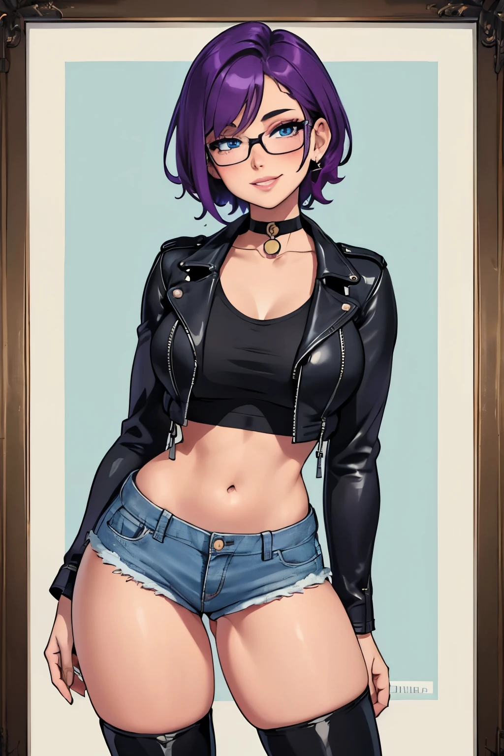 Beautiful young ager, 1girl, purple hair, blue eyes, extremely short hair, lots of freckles, framed eyeglasses, heart shaped choker, happy, smiling, blushing, thick lips, full lips, (gigantic breasts 1.8), very thin body, crop top leather jacket, cre cut shirt, midriff, tiny jean shorts, thigh boots, perfect anatomy, detailed background, ultra-detailed, 4k, 8k, best quality, masterpiece