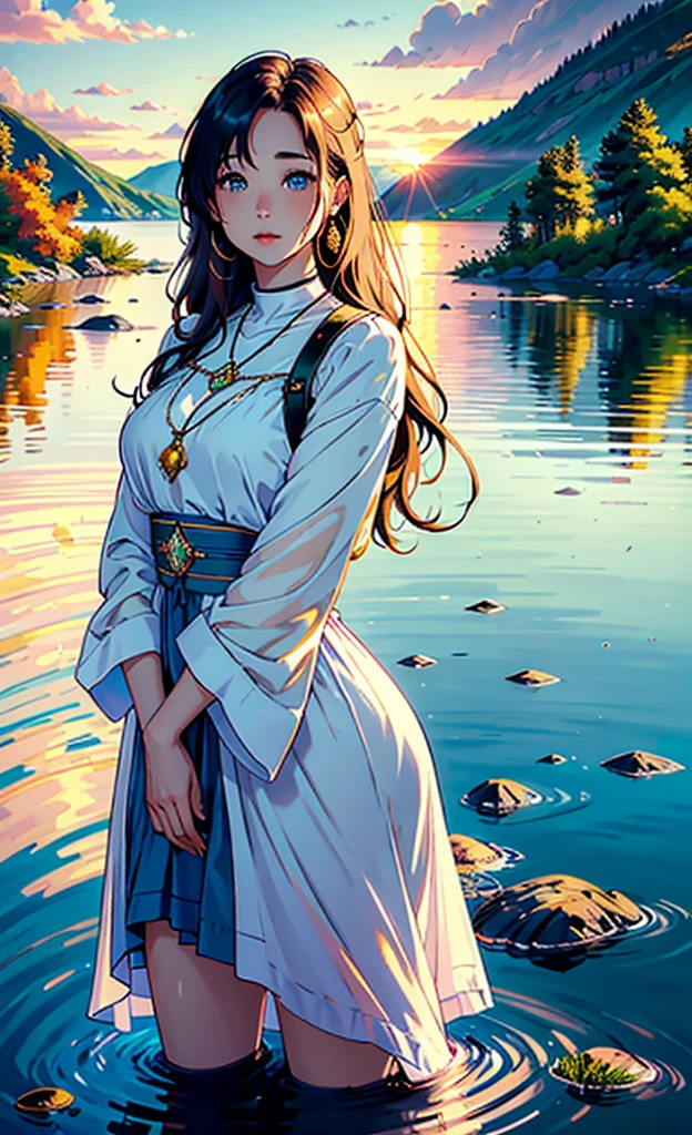 1 person, Calm expression, Captivating eyes, Straight Long Hair, dress, Calm posture, Porcelain-like skin, A faint blush, Crystal Pendant BREAK Golden Hour, (Rim Light):1.2, Warm tones, Solar flare, Soft Shadows, Vibrant colors, Painterly effect, Dream-like atmosphere BREAK Beautiful lake, Distant Mountain々, Willow Tree, Calm water, reflection, Sunlit clouds, Peaceful atmosphere, Beautiful sunset, Super detailed, Official Art, Tangled, Mandala