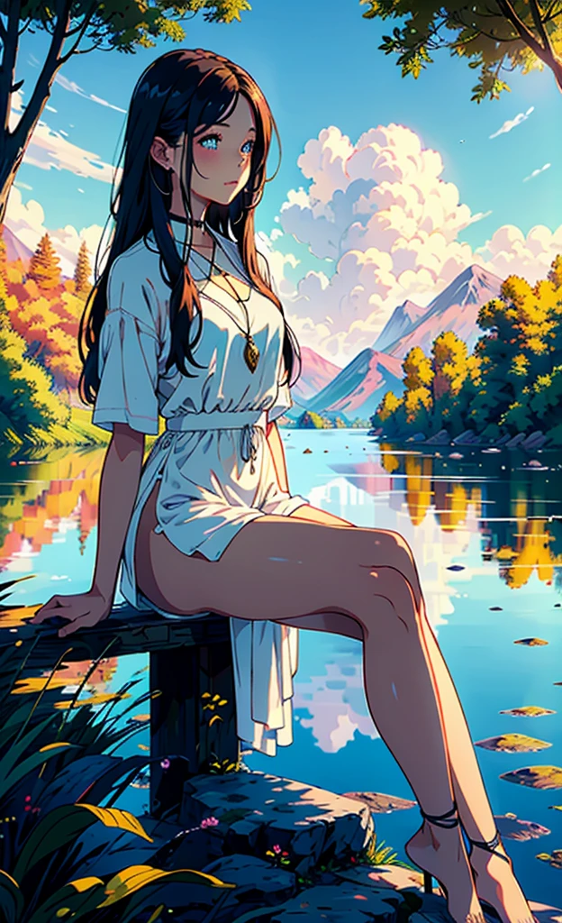1 person, Calm expression, Captivating eyes, Straight Long Hair, dress, Calm posture, Porcelain-like skin, A faint blush, Crystal Pendant BREAK Golden Hour, (Rim Light):1.2, Warm tones, Solar flare, Soft Shadows, Vibrant colors, Painterly effect, Dream-like atmosphere BREAK Beautiful lake, Distant Mountain々, Willow Tree, Calm water, reflection, Sunlit clouds, Peaceful atmosphere, Beautiful sunset, Super detailed, Official Art, Tangled, Mandala