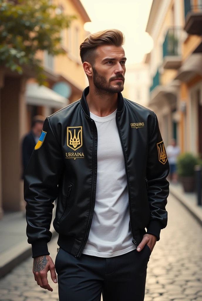 (photorealism:1.2), beautiful man, walking on the street, wearing balck jacket with ukranian symblos, white t-shirt, hairstyle like David Beckham in 2016, no tattoos, outdoors, soft lighting, street of Tbilisi background, sunlight weather, relaxed pose, realistic, intricate details, warm colors, by Greg Rutkowski, by Alphonse Mucha.
