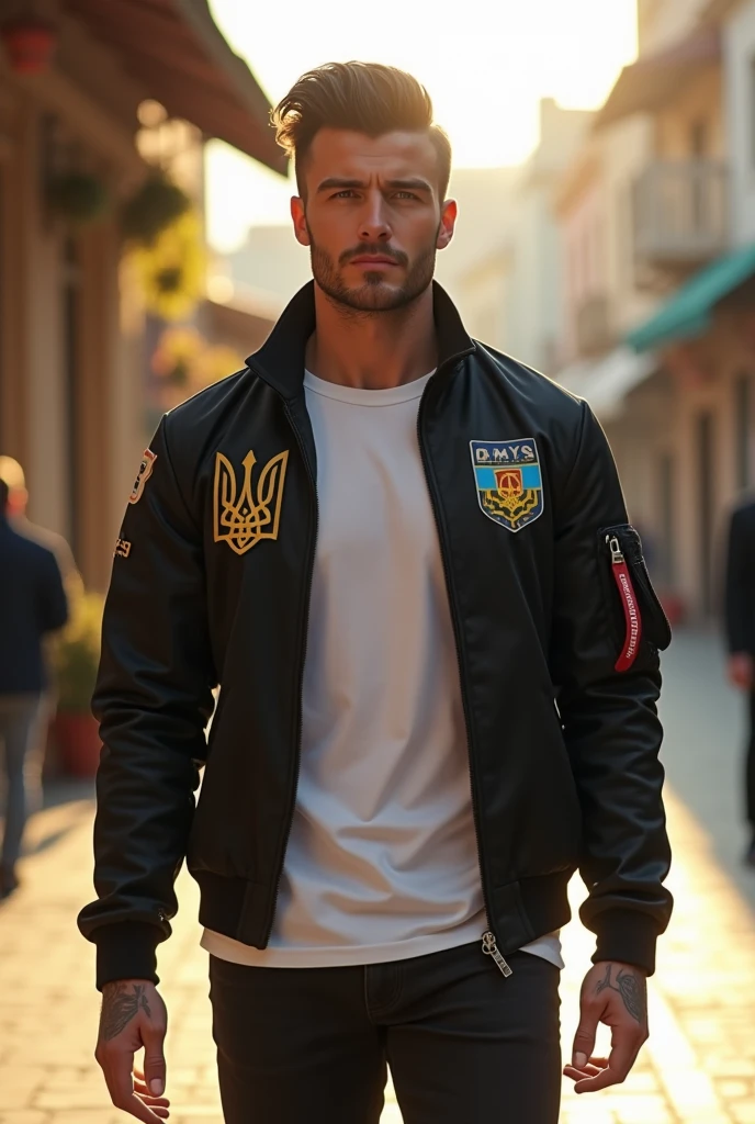 (photorealism:1.2), beautiful man, walking on the street, wearing balck jacket with ukranian symblos, white t-shirt, hairstyle like David Beckham in 2016, no tattoos, outdoors, soft lighting, street of Tbilisi background, sunlight weather, relaxed pose, realistic, intricate details, warm colors, by Greg Rutkowski, by Alphonse Mucha.