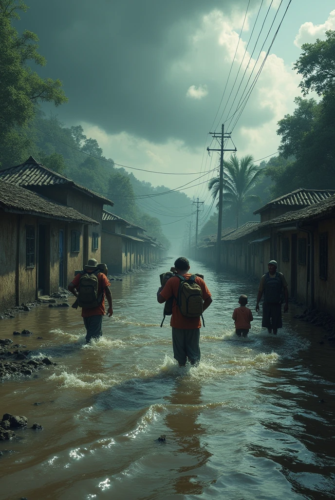 Create a picture of a village in a country struggling with floods.