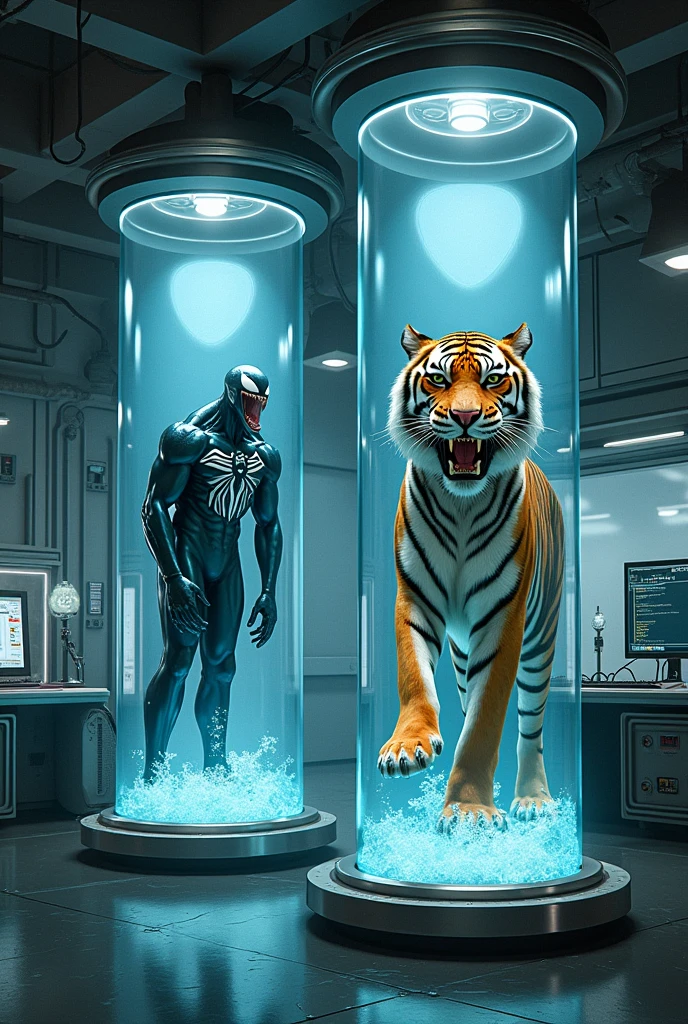 Venom and the Tiger、genetic research institute。There is a large glass cylinder used for scientific experiments。They are each contained in a cylinder。