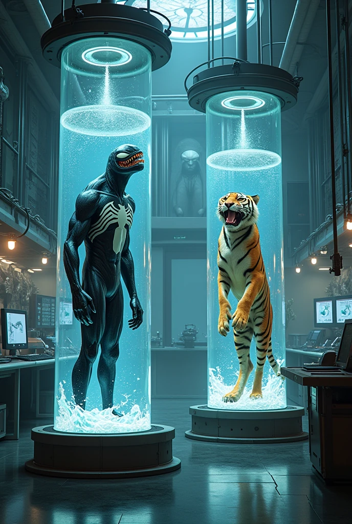 Venom and Wolverine、genetic research institute。There is a large glass cylinder used for scientific experiments。They are each contained in a cylinder。
