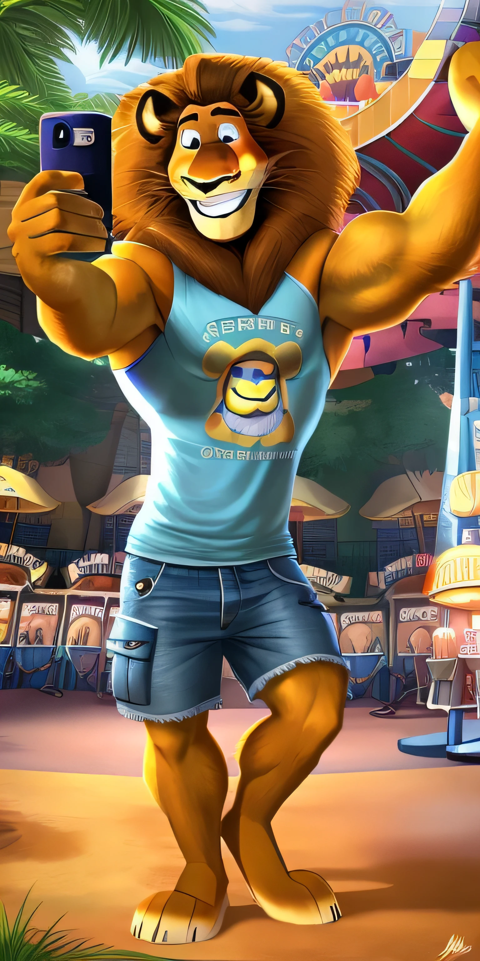 Alex the Lion, muscular body, big biceps, extremely beautiful and cute face, perfectly detailed blue eyes with perfectly detailed black pupils, wears blue t-shirt, denim cargo shorts, bare feet, amusement park background, selfie, timidly and shyly look, smiling