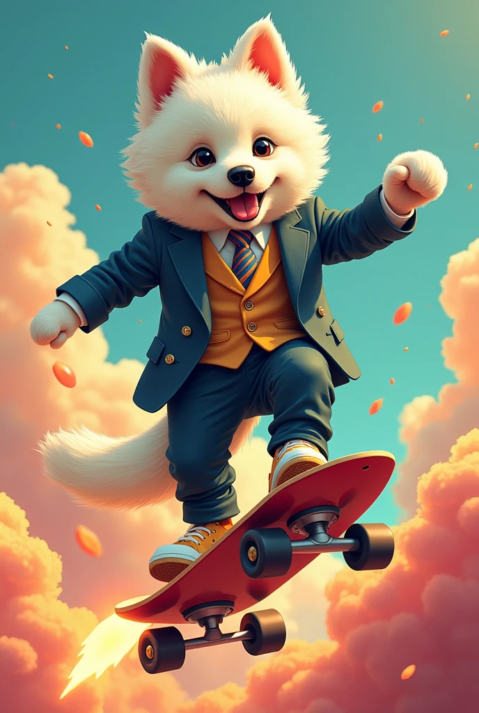 A white dog with lots of steeze wearing suit riding a skateboard on a rocket heading up representing a meme coin 