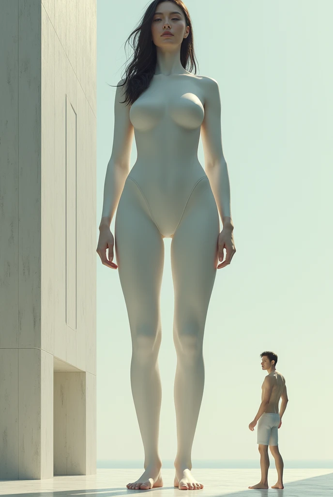 A giant woman in a barefoot suit with a man near the sole of her foot