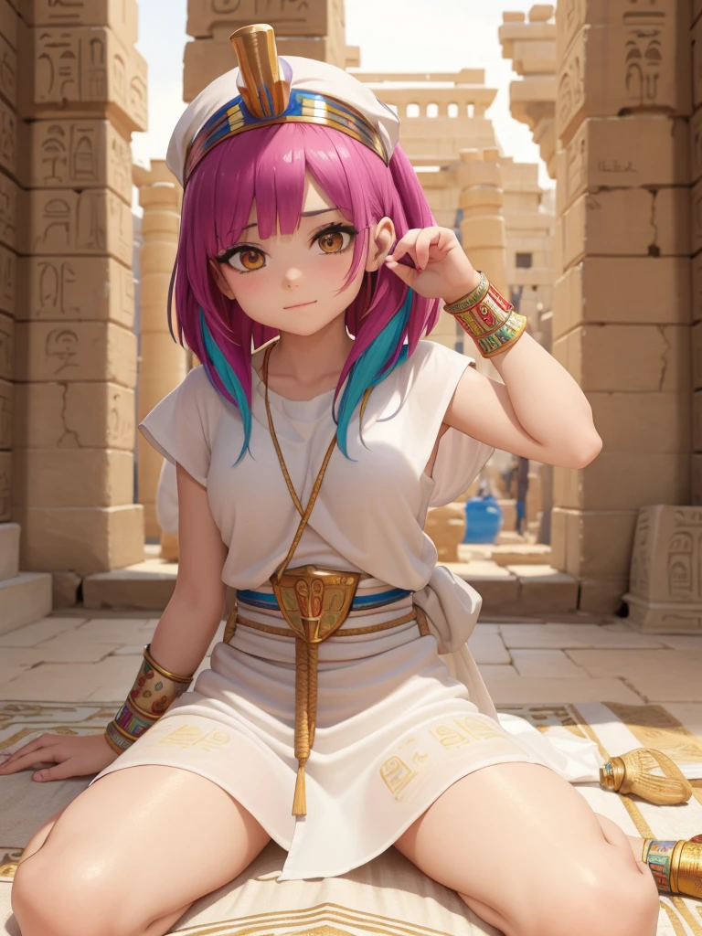 Cute ancient Egyptian princess、Colorful temples of ancient Egypt、The colorful streets of ancient Egypt、artistic、detailed、Colorful linen clothes、How to sit、front、Spread your legs