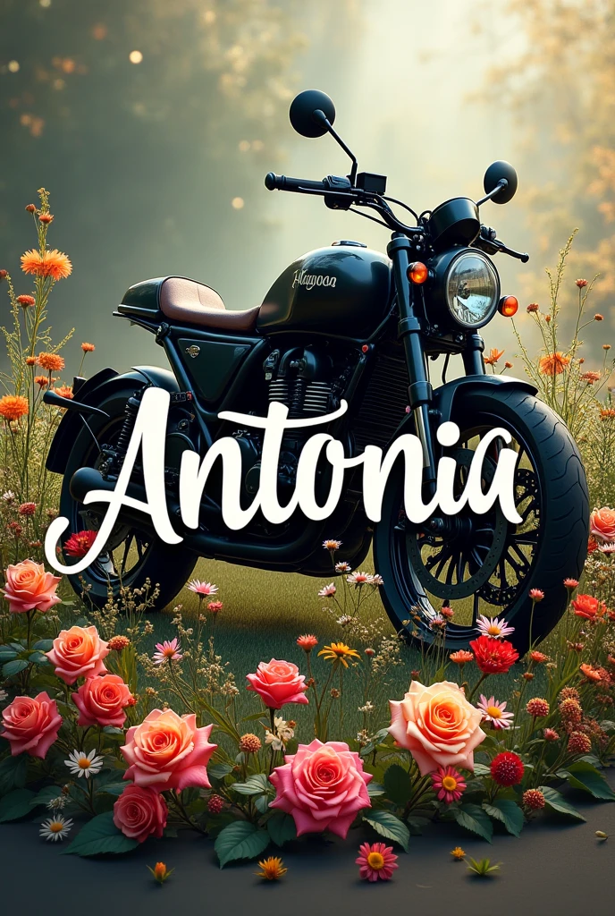 Art with the name ANTÔNIA with natural flowers and a beautiful motorcycle in the background, capturing the harmonious beauty between the name, the motorcycle and the natural flowers.