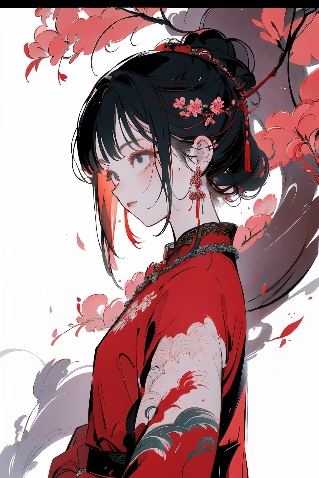 Chinese ancient style，Girl in red dress，+Beautiful posture,Pretty Face,Delicate clothing embroidery,landscape,Cherry Blossoms Falling,Mysterious ancient buildings,Glazed tile roof,Bluestone Road,Powerful ink painting style，Beautifully arranged hair accessories，Ultra-high resolution，8K，Ray Tracing，Chiaroscuro