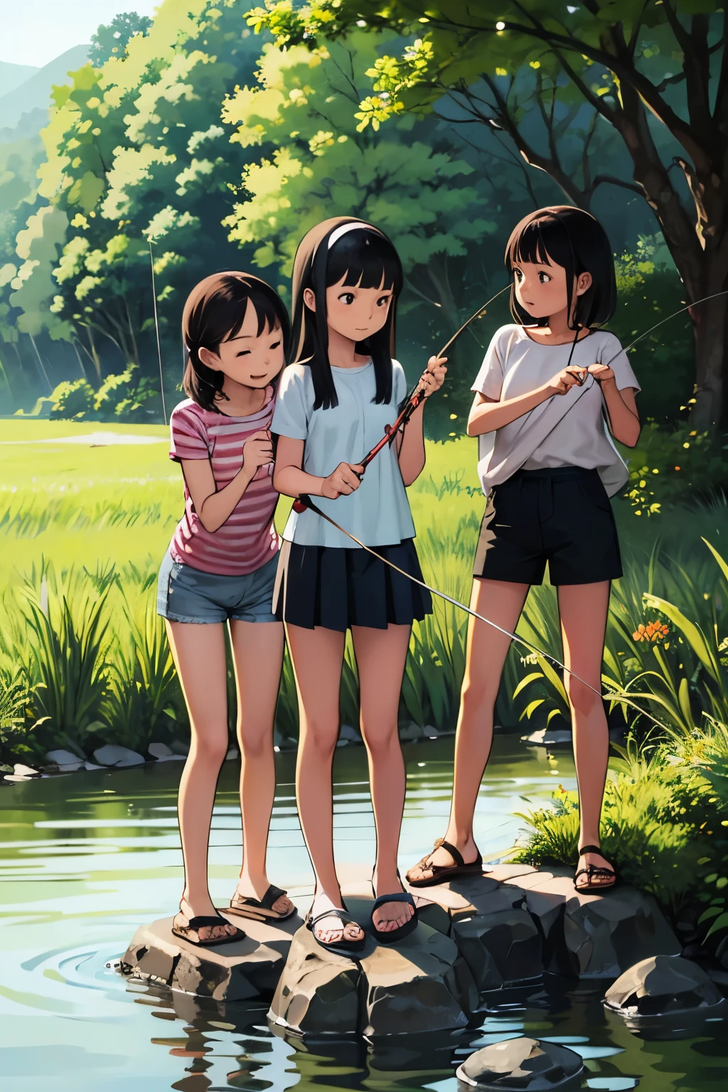 masterpiece, Highest quality,plural, Three Girls, In a beautiful river、Fish hanging、(Holding a fishing rod:1.4)、(Holding a bucket)、Water Play、Sandals, Black Hair, short hair、Long Hair, Hair ties, hair band, hair ornaments, Shorts, skirt,, dappled daylight、Outdoor, I have straw, dress, stream, nature, rock, Grassland、