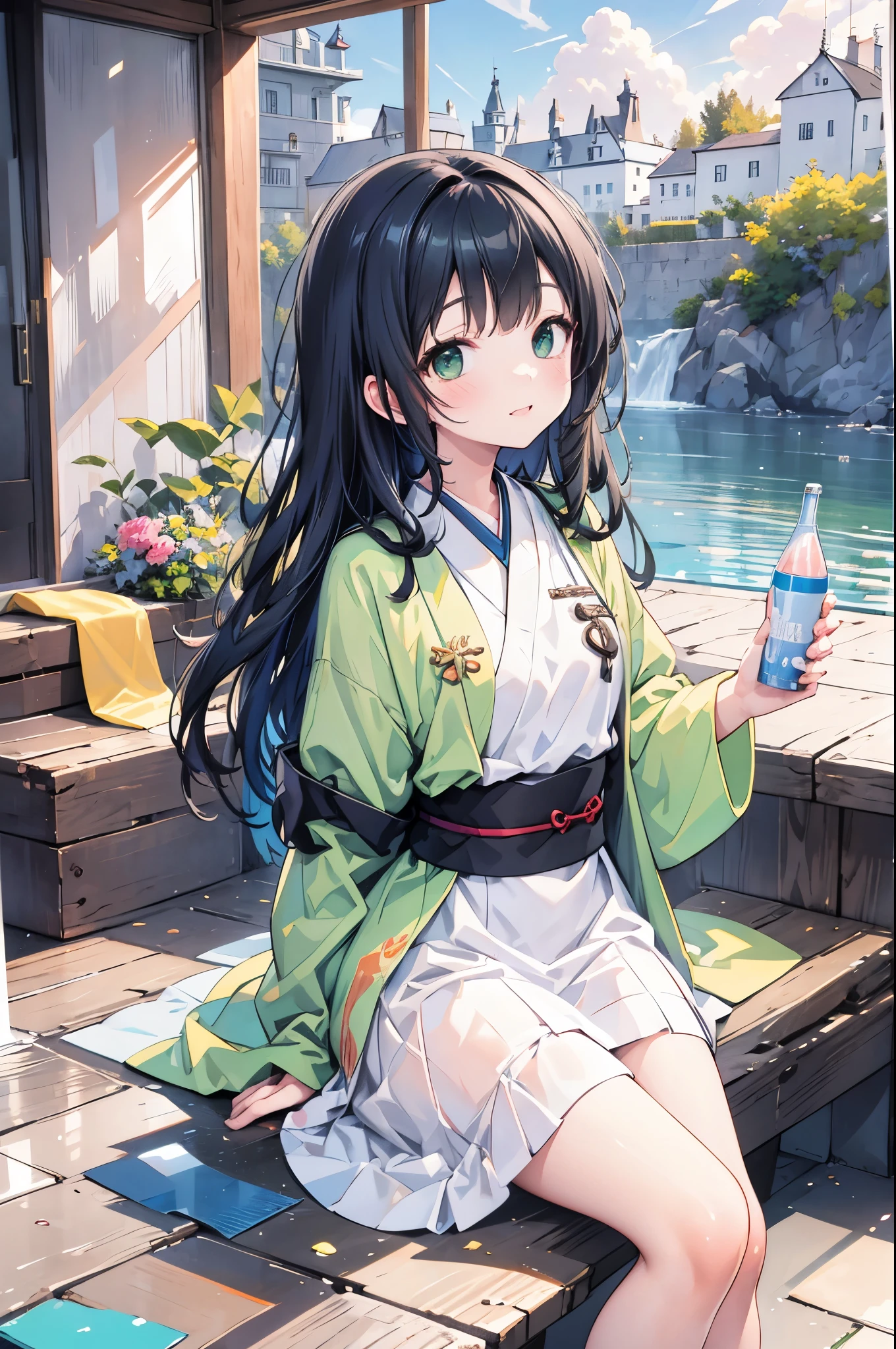 ((Highest quality, 8k, masterpiece: 1.3)), whole body,1 personの,1 person,,Glamorous Body,cute,smile,Black Hair,Beautiful emerald green eyes,long hair,((Japanese Castle,Castle keep,Ishigaki,moat,))White short-sleeved blouse,Grey mini skirt,Pink sneakers,summer,