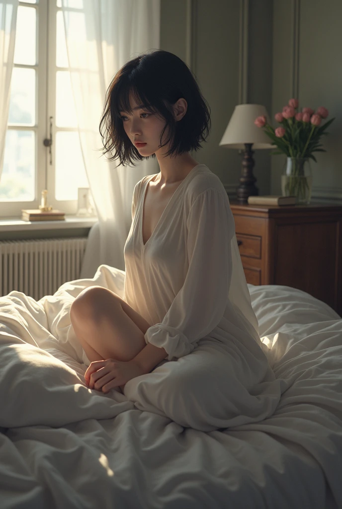 German woman with short black hair getting out of bed 