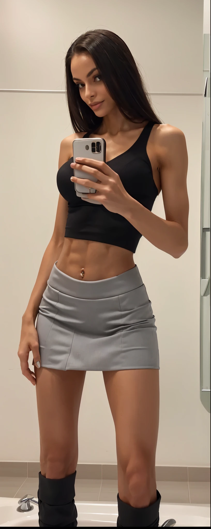 arafed woman taking a selfie in a bathroom mirror, fit pic, [ adamantly defined abs ]!!, 2 4 year old female model, thin waist, photo of slim girl, slim waist, fit girl, abs, [ rigidly defined abs ]!!, fit dainty figure, slender waist, toned body, grey skirt, with abs