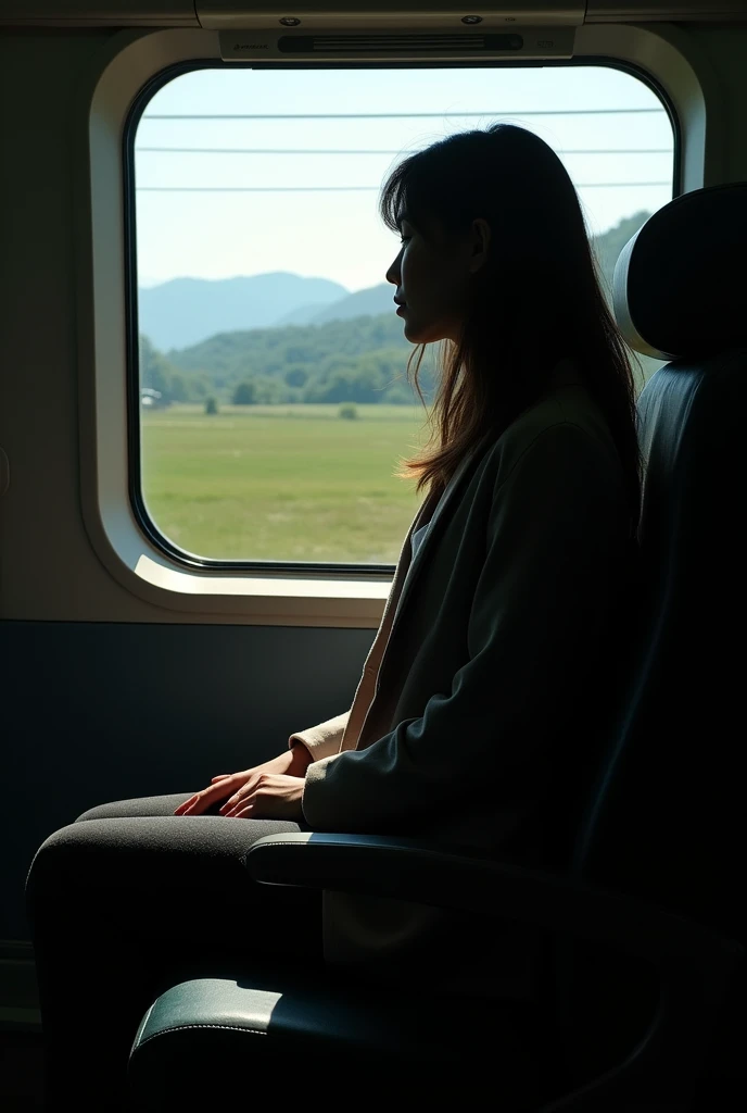 A landscape photo of a shadow of a woman in navel hair sitting in a bullet train going to work .
