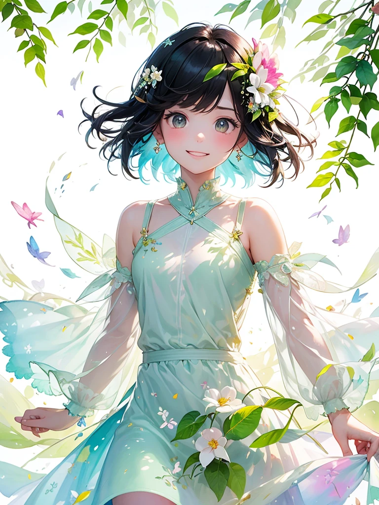 (masterpiece、Highest quality、Highest quality、Beautiful and beautiful:1.2)、Excellent anatomy、（Watercolor painting 1.5）、Long Shot、Straight short hair picture、Beautiful smile、Fairy, 蝶のFairyのコスチューム、Pure white、Pure、charm, Colorful flowers of various colors, Flowers and leaves green wind、Botanical Art, Mr.々A pose